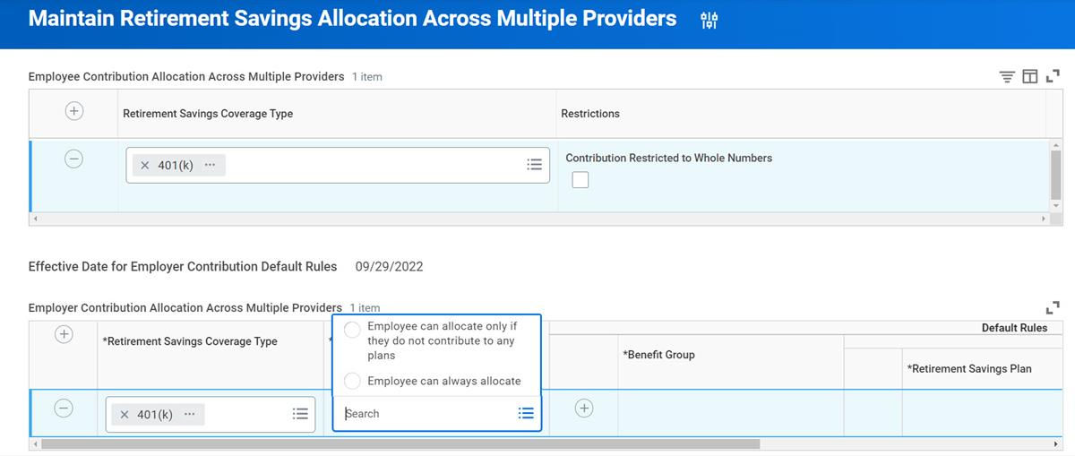 A screenshot of the Maintain Retirement Savings Allocation Across Multiple Providers screen with the Employer Contribution Allocations Rules field options displayed, as described in the subsequent text.