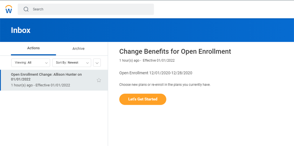 A screenshot of an Open Enrollment Change event in a user's Inbox.