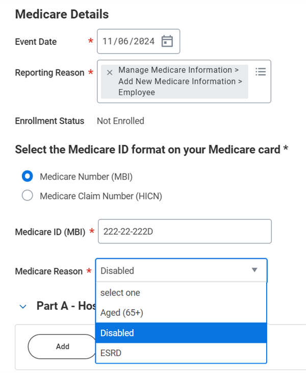 Screenshot of the Manage Medicare Information task, with "Disabled" selected as the medicare reason.