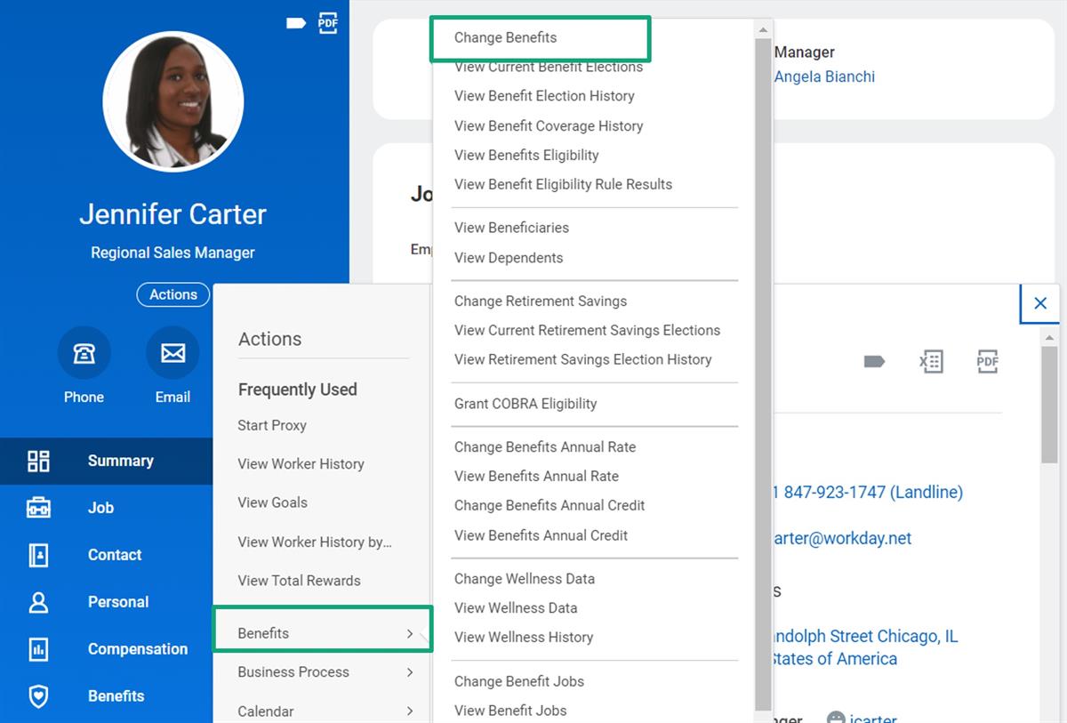 Screenshot of the Related Actions off an employee to initiate the Change Benefits task.