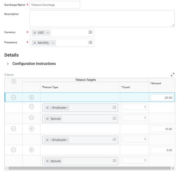 A screenshot of the Create Benefit Surcharge Task, displaying a surcharge titled Tobacco Surcharge and an amount of $20.