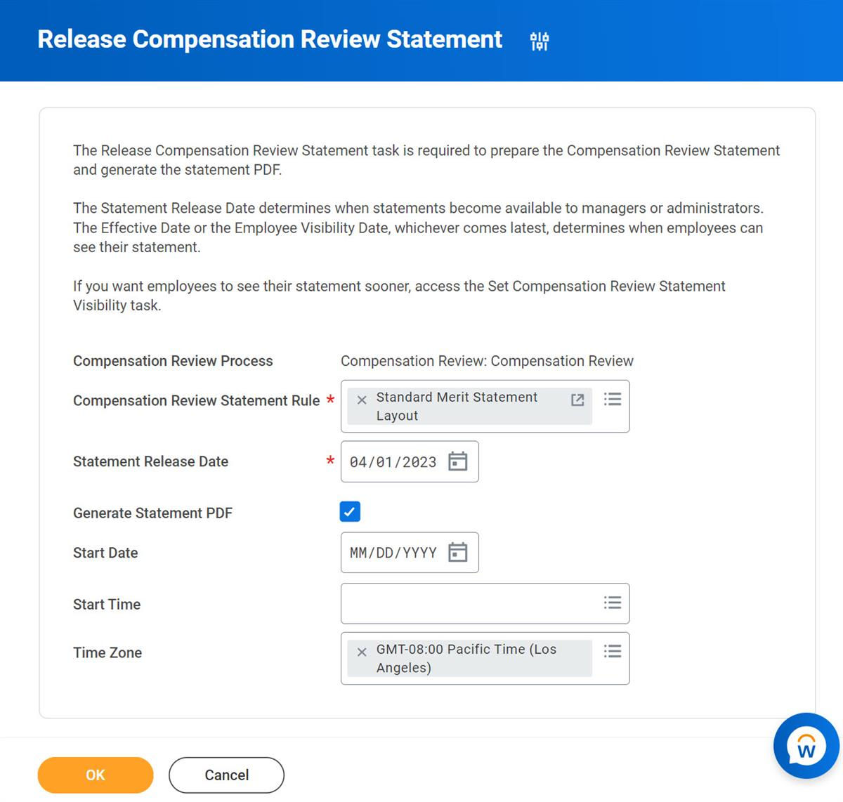 The Workday 'Release Compensation Review Statement' screen shows a statement rule layout, a release date of 04/01/2023, and a the Generate Statement PDF option selected.