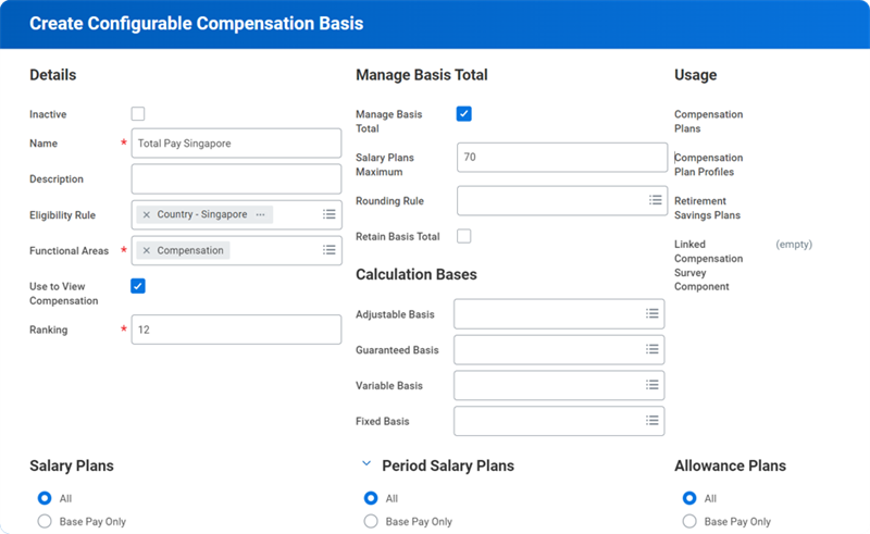 A screenshot of the Create Configurable Compensation Basis task with the Manage Basis Total field highlighted. Refer to the subsequent text for more details.
