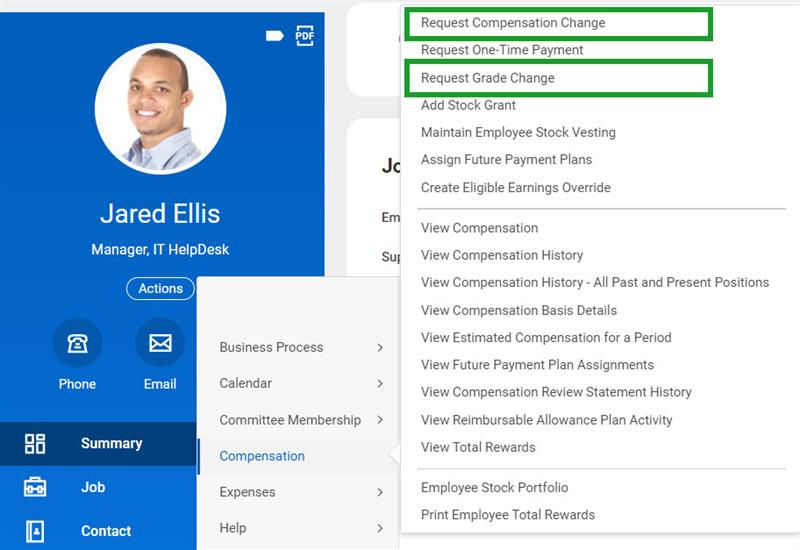 A screenshot of an employee profile actions menu. Under Compensation, Request Compensation Change and Request Grade Change are highlighted.