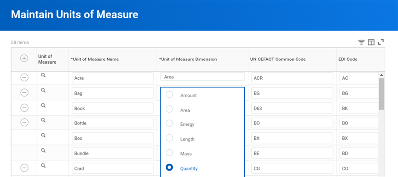 A screenshot of the Maintain Units of Measure task as described in the preceding text.