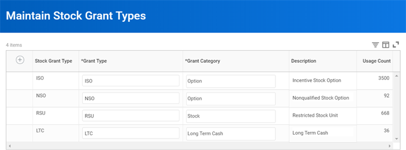 A screenshot of the Maintain Stock Grant Types task as mentioned in the preceding text.