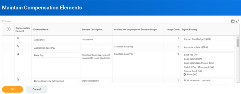 A screenshot of the Maintain Compensation Elements task.