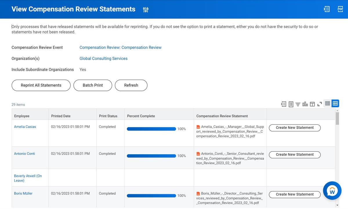 The Workday View Compensation Review Statements screen displays  compensation review events and statements for employees, as described in the preceding text.