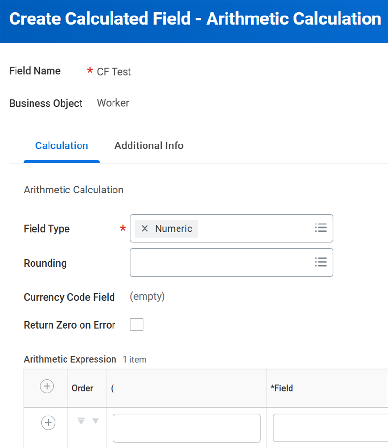 Fields include Field Type, Rounding, Currency Code Field, Return Zero on Error (checkbox). An empty data grid appears at the bottom titled Arithmetic Expression.