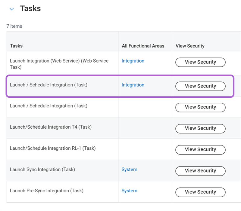 The Launch / Schedule Integration task's View Security button as described in the preceding text.
