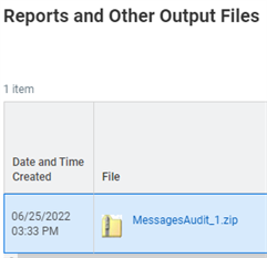 The MessagesAudit .zip file on the Reports and Other Output Files page.