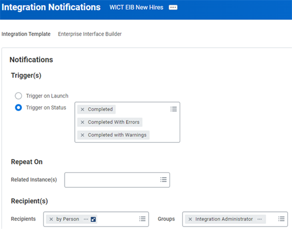 Notification options in the Integration Notifications page for an integration template.