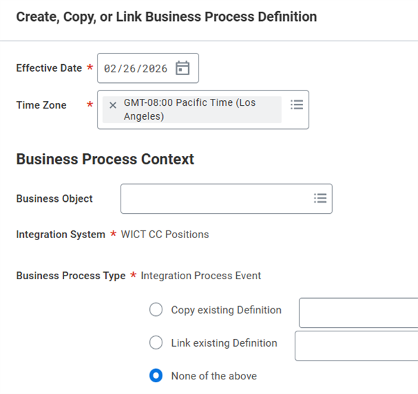 The Create, Copy, or Link Business Process Definition page as described in the proceeding text.