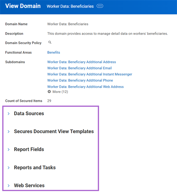 The expandable Data Sources, Secures Document View Templates, Report Fields, Reports and Tasks, and Web Services section in the View Domain page.