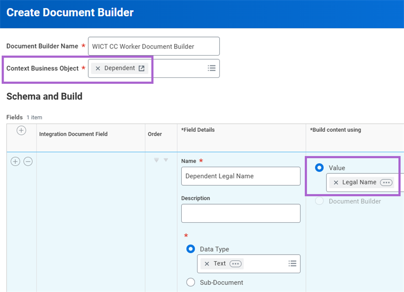 The Context Business Object field in the Create Document Builder task as described in the preceding text.