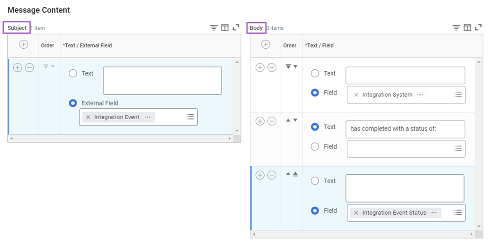 The Subject and Body options in the Message Content section when configuring a notification.