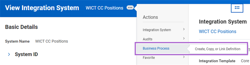 An integration system's Related Actions menu as described in the preceding text.