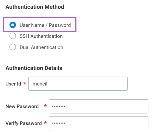 Authentication Method option with the User Name/Password option highlighted.