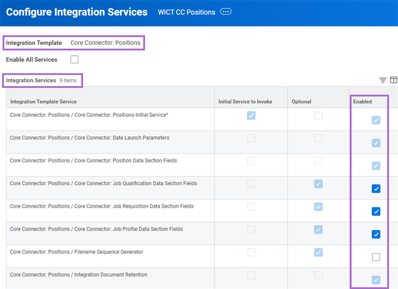 An integration template with nine enabled integration template services.