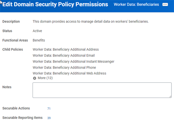 The Worker Data: Beneficiaries domain showing a description, status, functional areas, child policies, and the number of securable actions and reporting items.