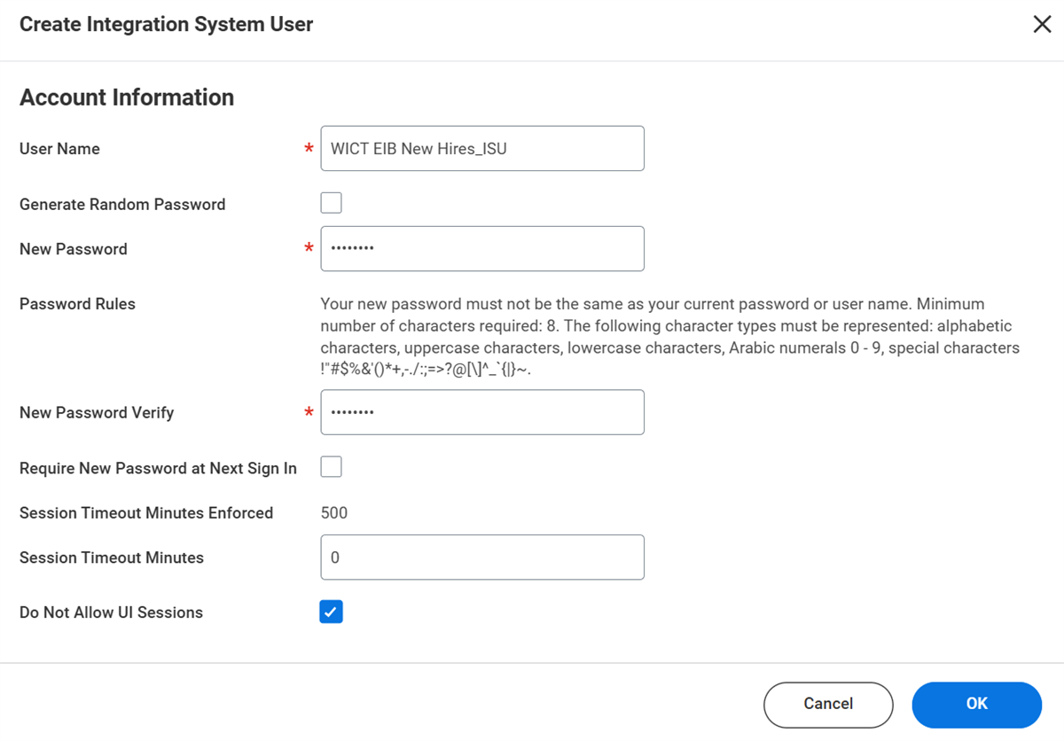 The Account Information section in the Create Integration System User task, including defining the user name, password, and whether to allow UI sessions.