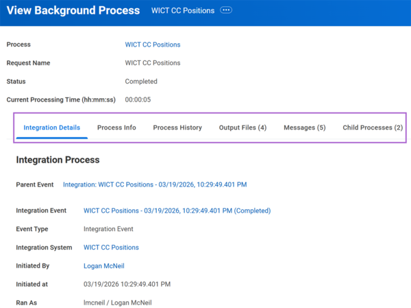 Tabs on the View Background Process page as described in the preceding text.