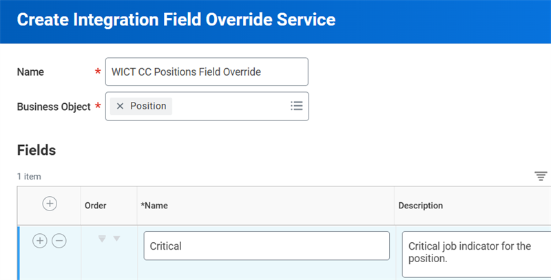 The Create Integration Field Override Service task as described in the preceding text.