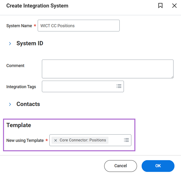 The template selection field (New Using Template) in the Create Integration System task.