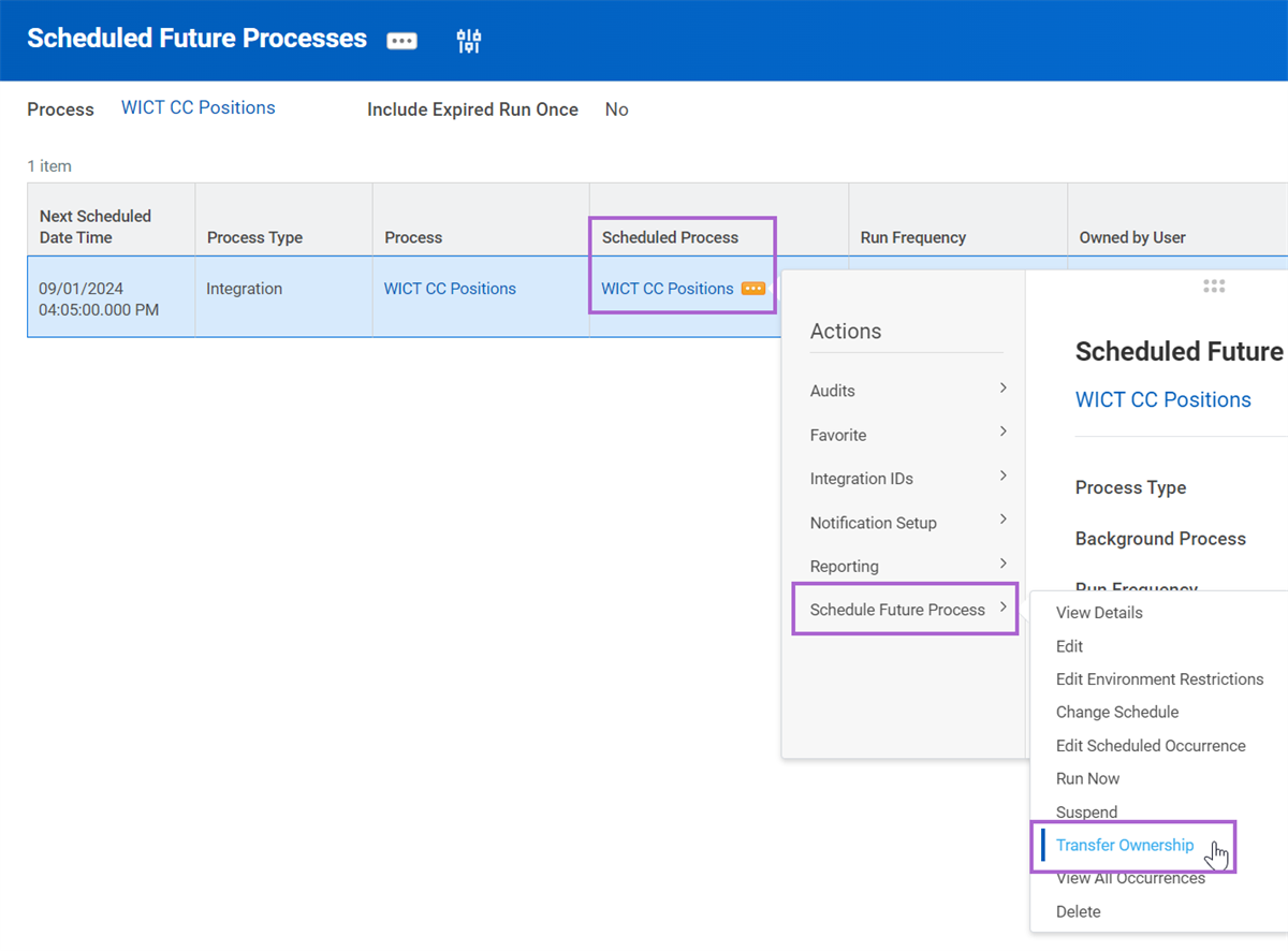 The Transfer Ownership option in a scheduled process' Related Actions menu.