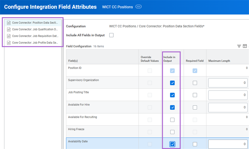 Configure Integration Field Attributes task. Core connectors are highlighted in the left panel and the Include in Output checkboxes are highlighted for specific fields.
