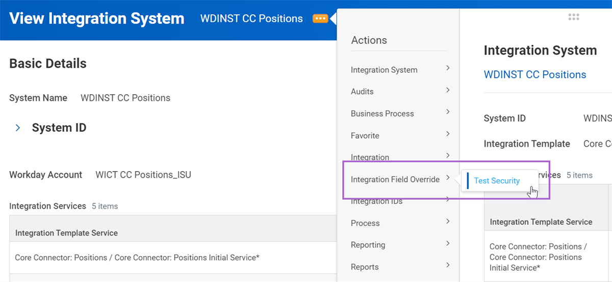 The Test Security option from an integration system's Related Actions menu.