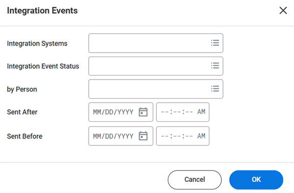 Prompts on the Integration Events report: Integration Systems, Integration Event Status, by Person, Sent After (date/time), and Sent Before (date/time).