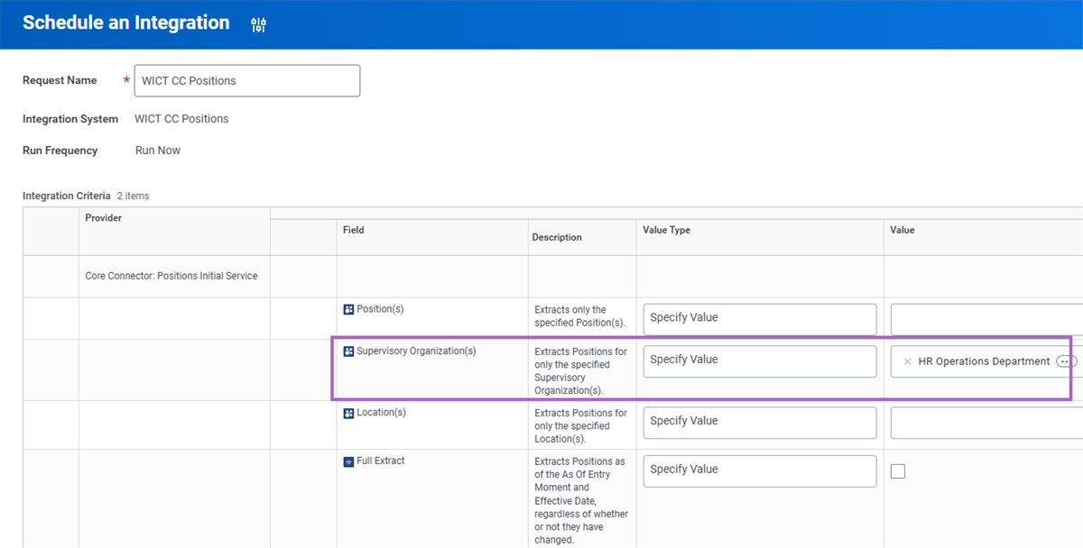 The Schedule an Integration window with the Supervisory Organization(s) field's launch parameter values.