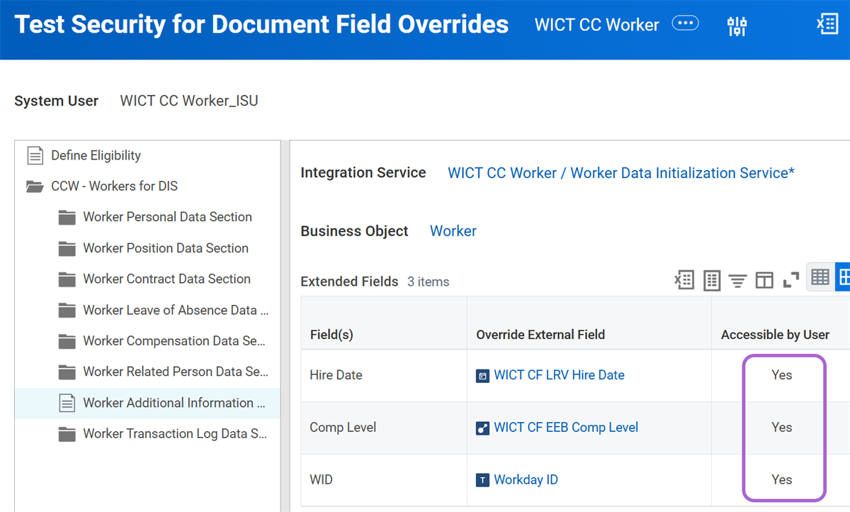 The Test Security for Document Field Overrides page showing that the extended fields have an Accessible by User value of Yes.