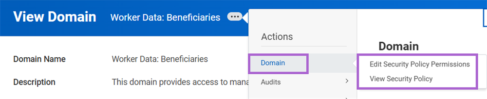 The Edit Security Policy Permissions and View Security Policy options in a domain's Related Actions menu.