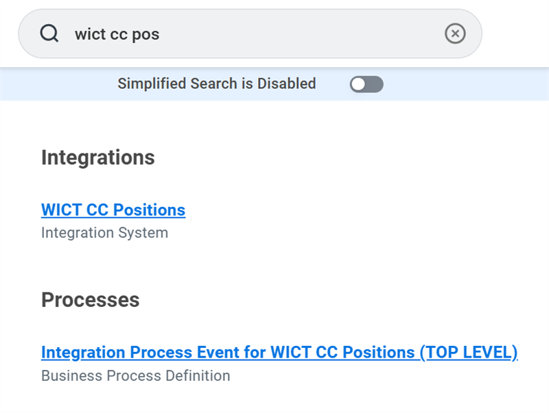 Search results from the Global Search box. Results shows an integration system and a business process definition.