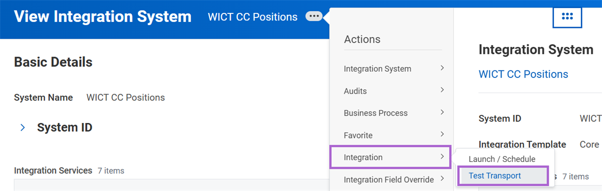 The Test Transport option from an integration system's Related Actions menu.