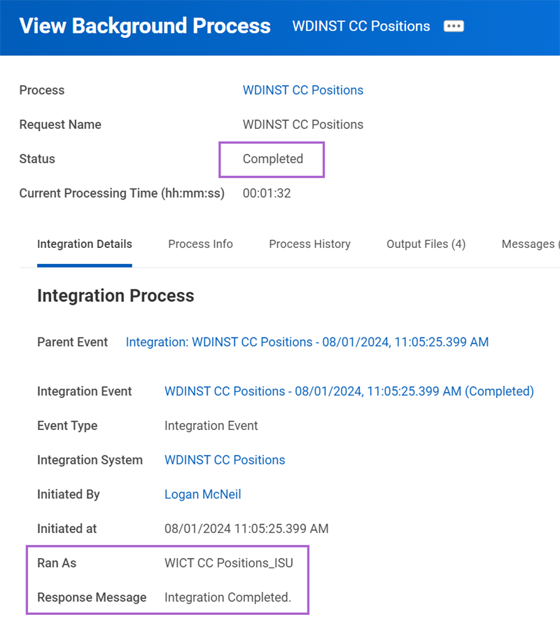 A completed integration event in the View Background Process task using the ISU account.