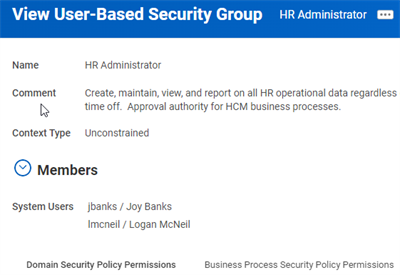 The View User-Based Security Group page showing details for the HR Administrator security group.