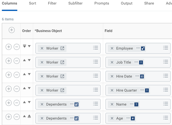 Screenshot of the Columns grid in a report definition. Columns include Business Object and Field. Rows are as follows:
Worker, Employee
Worker, Job Title
Worker, Hire Date
Worker, Hire Quarter
Dependents, Name
Dependents, Age