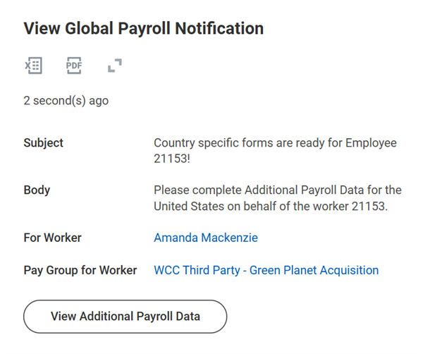 Screenshot of the "View Global Payroll Notification" page alerts an administrator to complete additional country-specific payroll data for a worker.