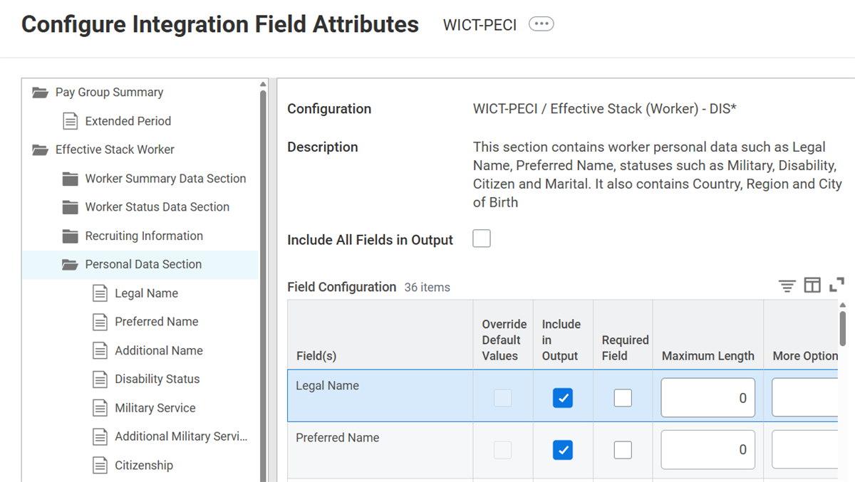 PECI Personal Data Section with Legal Name subsection selected.