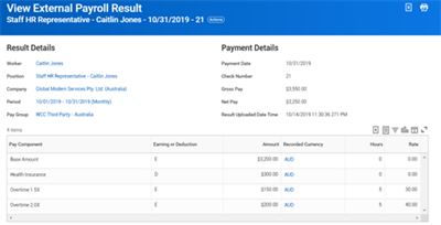 Screenshot of the "View External Payroll Result" page displays payment summaries and a detailed pay component table for an employee.