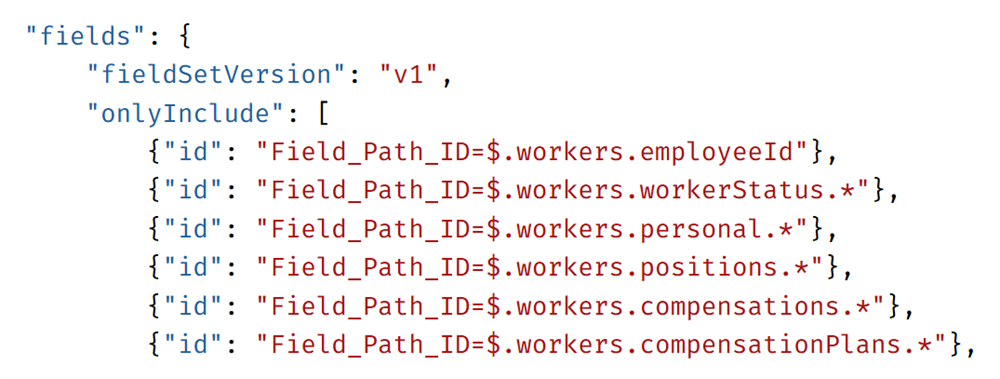 Screenshot of the expanded fields section in the DCoD request. The vendor names the fields to include, such as workers.employeeId and workers.personal.*.
