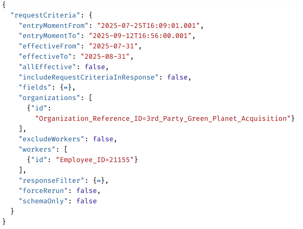 Screenshot of an example DCoD request from the vendor. The request includes sections for the requestCriteria, fields, organizations, and workers.