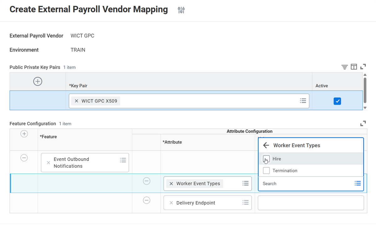 Screenshot of the "Create External Payroll Vendor Mapping" screen configures keys and features, showing a dropdown menu selecting the Hire event type.