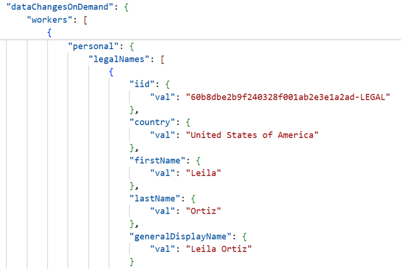 Screenshot of a DCoD output file in JSON format. The file shows fields in the Personal data section and Legal Names subsection that the vendor requested.