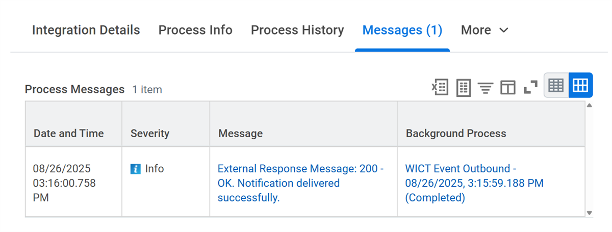 Screenshot of the Messages tab shows a successful external response message with a 200 OK status for the outbound event.