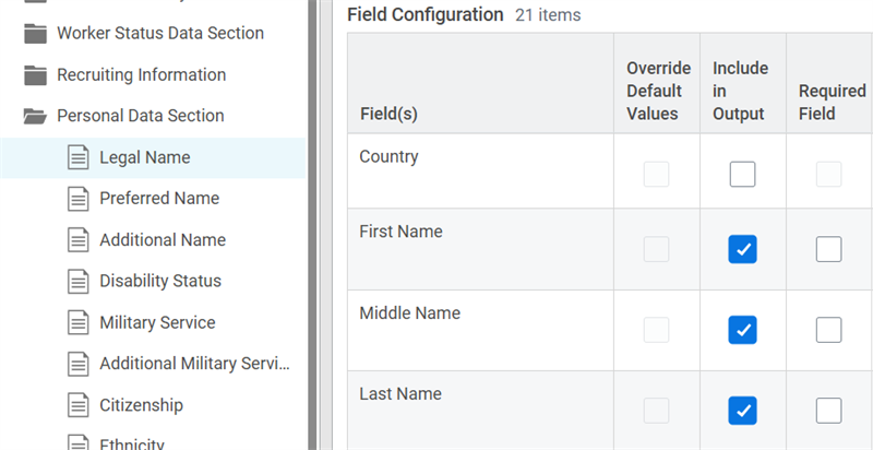 PECI Legal Name Subsection and available fields.