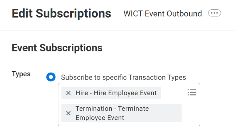 Screenshot of the "Edit Subscriptions" screen displays selected transaction types for Hire Employee and Terminate Employee events.